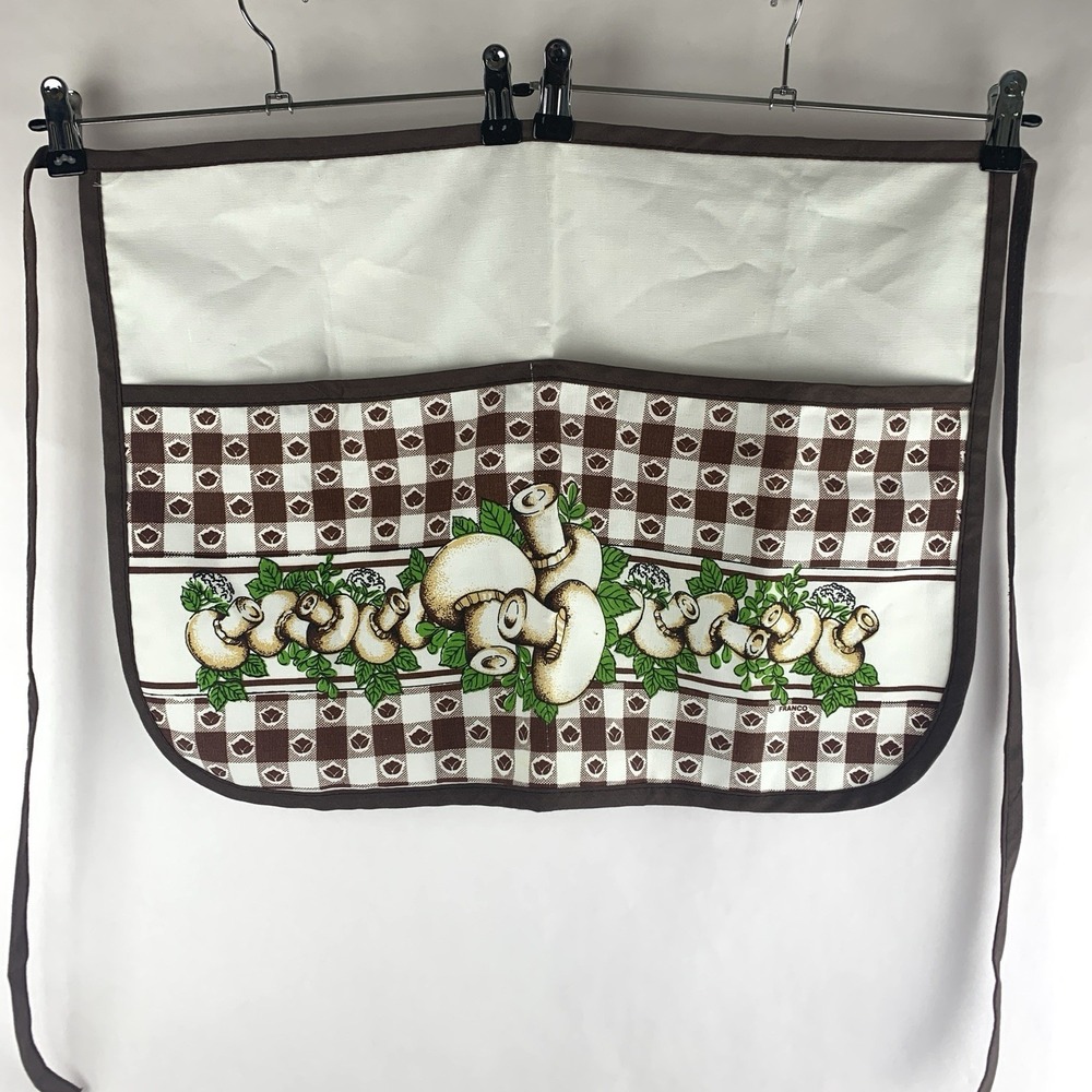 Vtg Half Apron Retro Mushrooms Vegetables Homesteading Franco Pockets Checkered